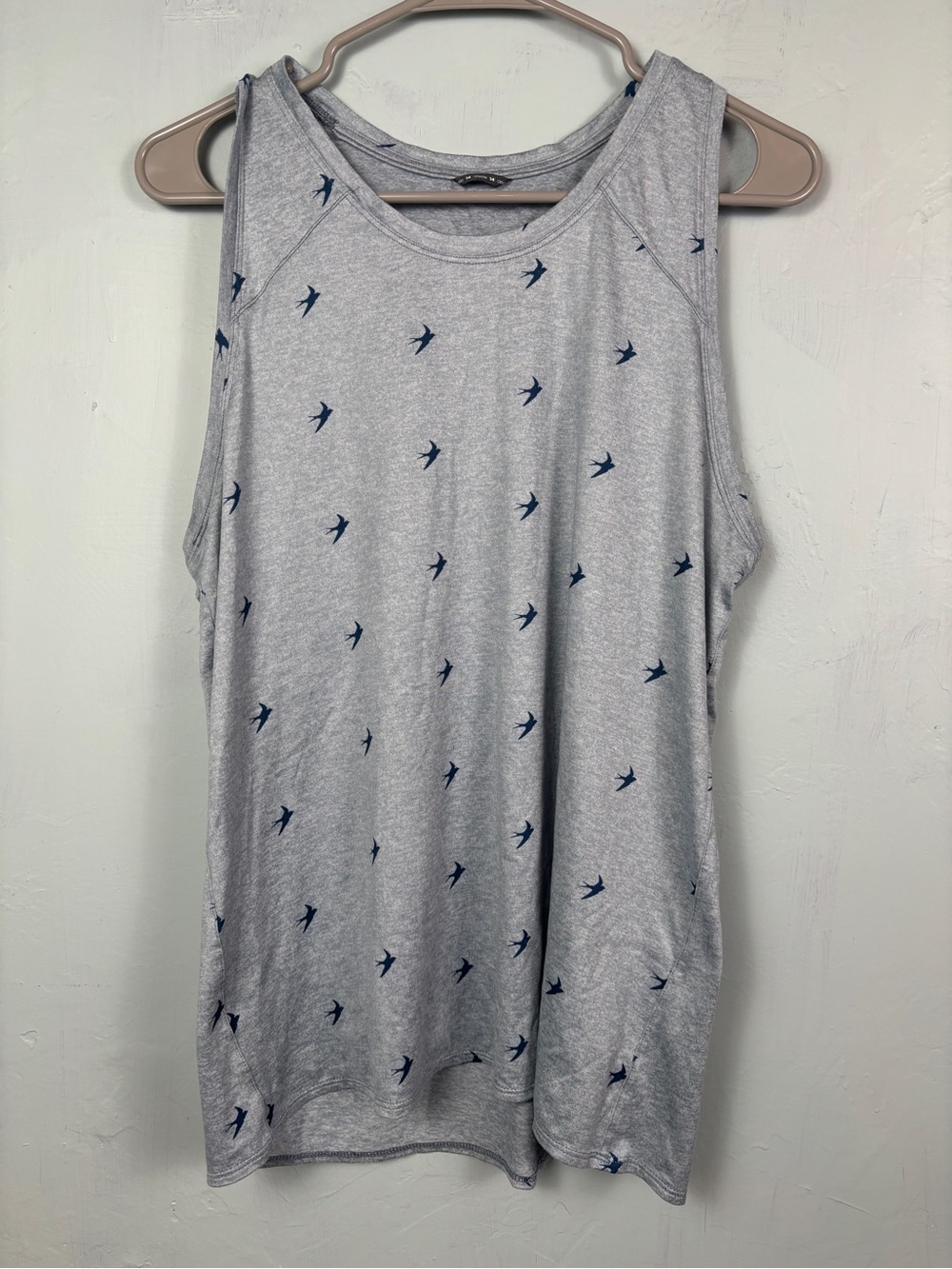 Oiselle Blue Gray Performance Tank Top w/ bird graphics